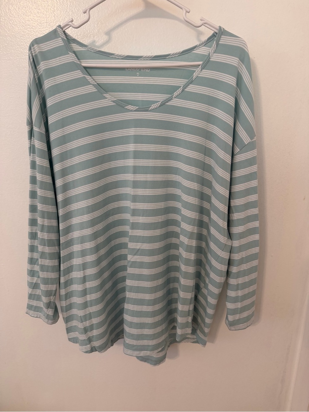 Lands' End Mint Green & White Striped Long-Sleeve V-Neck Top
